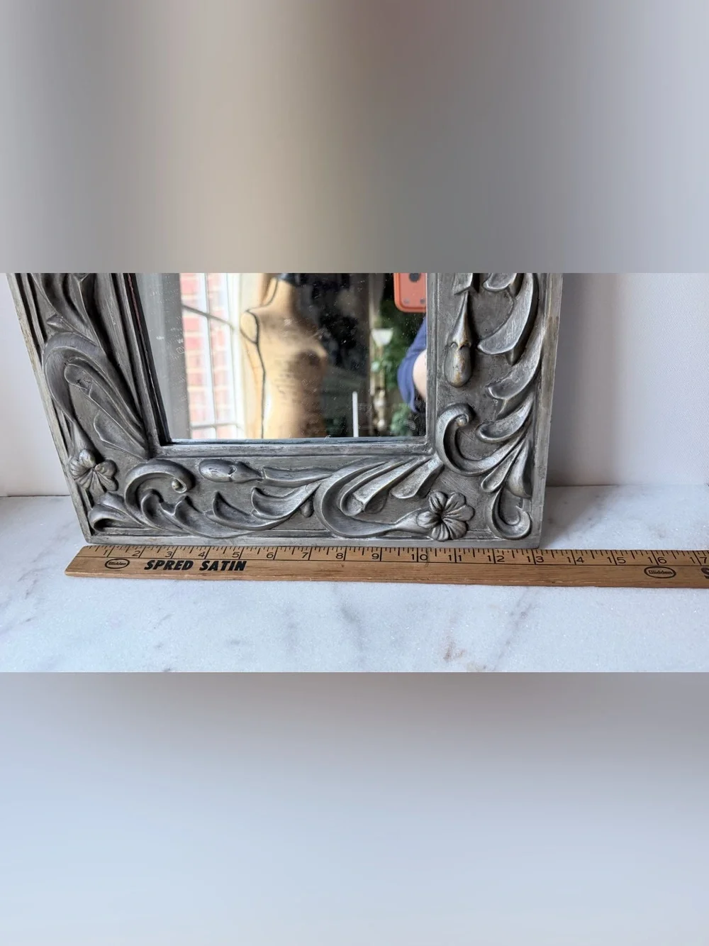 Decorative Floral Carved Square Wall Mirror - silver Gray